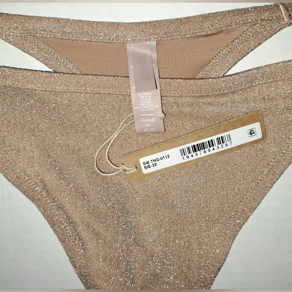 ❤️NWT SKIMS 2 Piece Glitter Swim Scoop neck top thong Bikini Set Nude SIENNA 3X